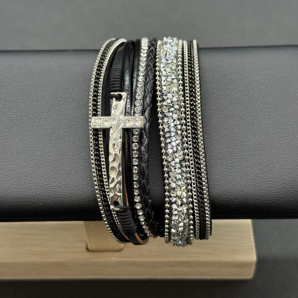 Boho Leather Wrap Bracelet Multilayer Crystal Rhinestone Cross Bangle Christian